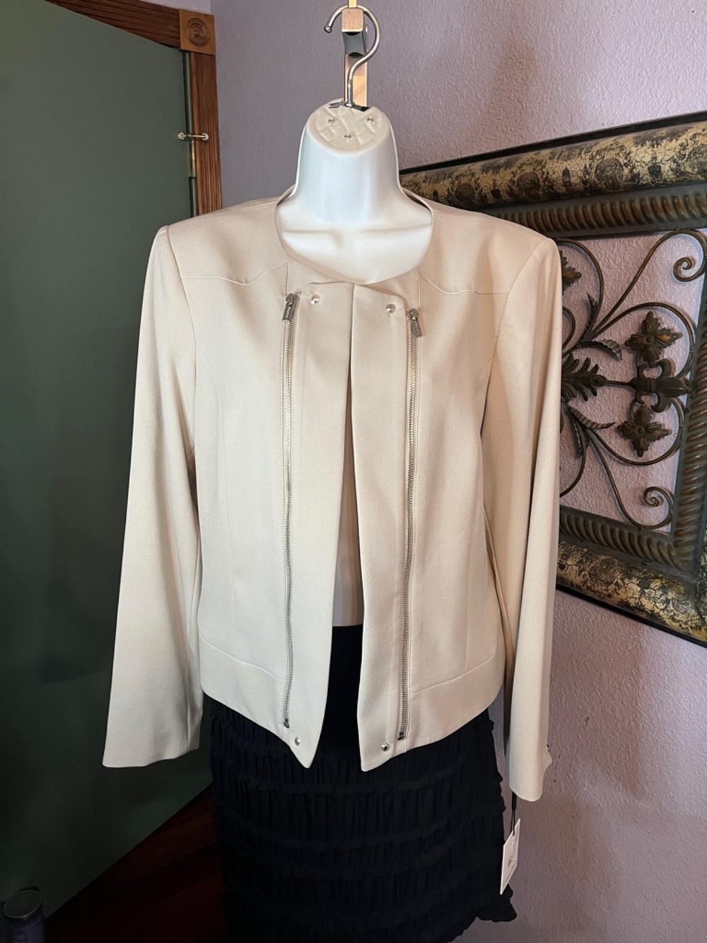 NWT Calvin Klein Cream Collarless Zipper Trim Open Front Jacket Sz 16